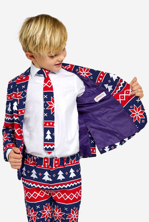 Kid wearing Christmas suit with Nordic print