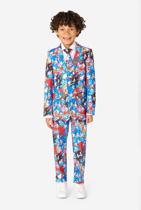 Child wearing a colorful Sonic-themed suit on a white background. Full body image