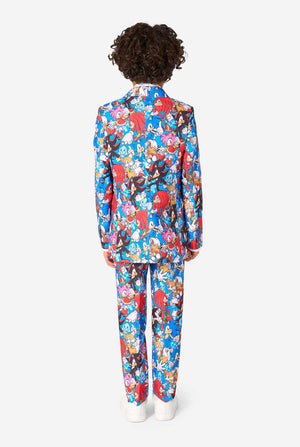 Person wearing a colorful Sonic suit on a white background. View from the back