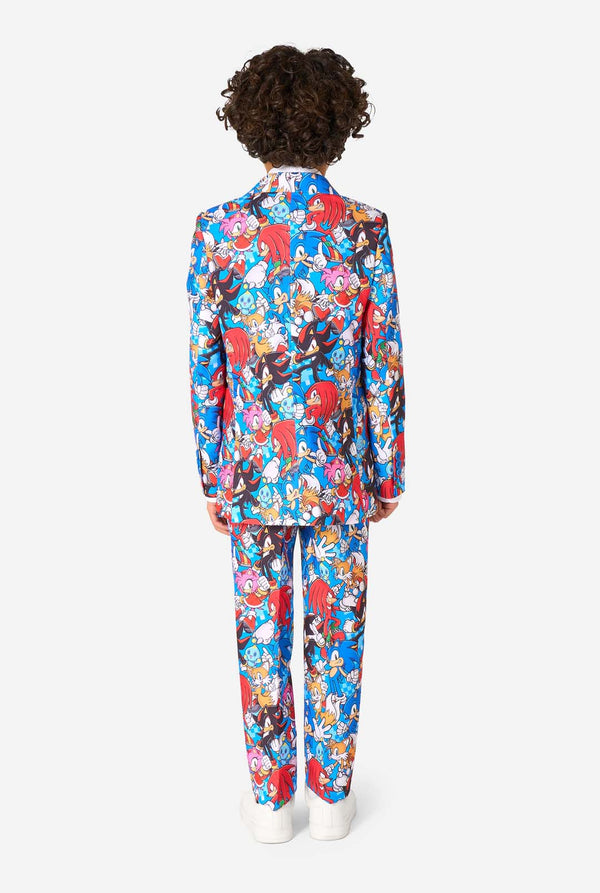 Person wearing a colorful Sonic suit on a white background. View from the back