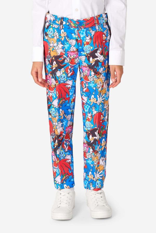 Colorful Sonic character pants worn by a person on a white background