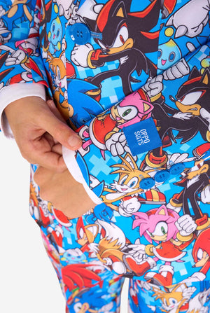 Colorful Sonic character pattern on a jacket with a visible brand label.