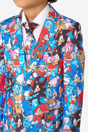 Colorful shirt with Sonic character pattern on a white background