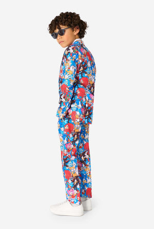 Child wearing a colorful Sonic-themed onesie on a white background