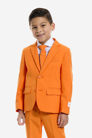 Kid wearing OppoSuits Orange suit.