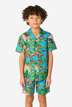 Child wearing a colorful Minecraft summer set with a map design on a white background