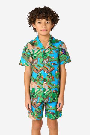 Child wearing a colorful Minecraft summer set with a map design on a white background
