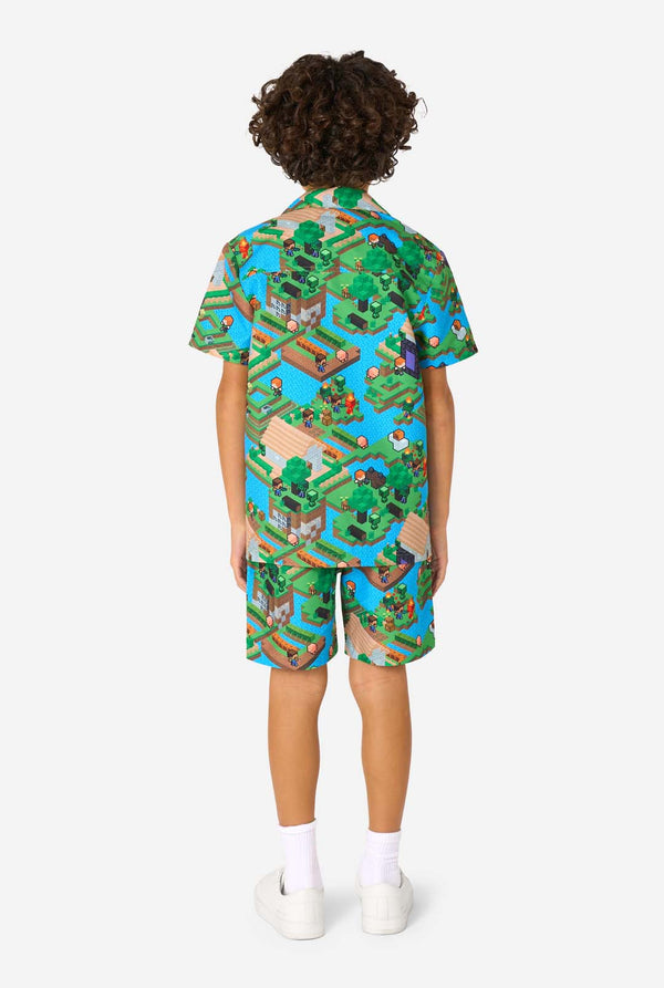 Person wearing a colorful summer set with a Minecraft-themed pattern on a white background