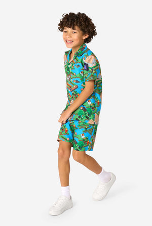 Child wearing a colorful Minecraft-themed summer set on a white background