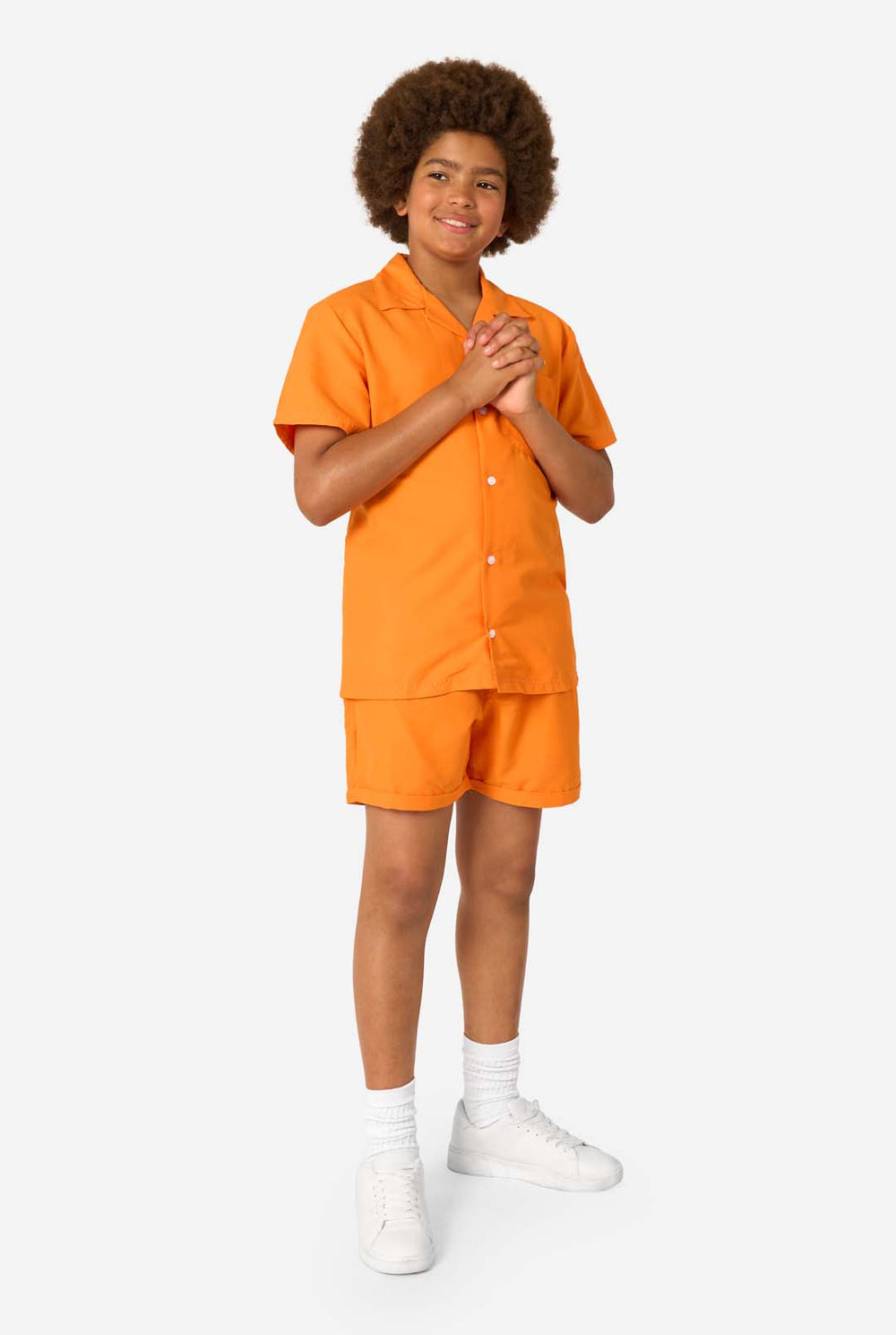 Person wearing an orange shirt and shorts summer set on a white background