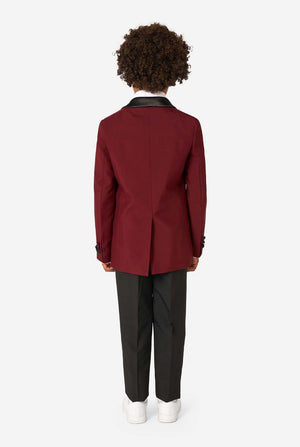 Person wearing a red blazer and black pants on a white background. View from the back.