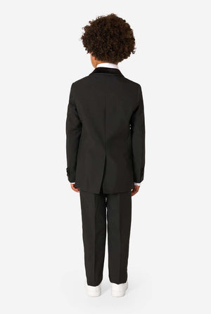 Person wearing a black suit on a white background. View from the back.