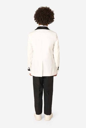 Person wearing a white blazer and black pants on a white background