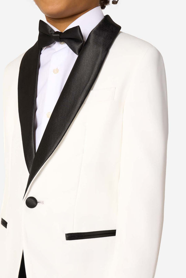 White tuxedo with black lapels and bow tie on a white background