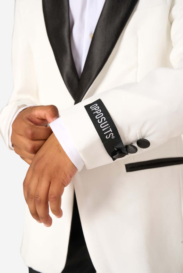 White tuxedo with black lapels and 'OPPOSUITS' label on a white background