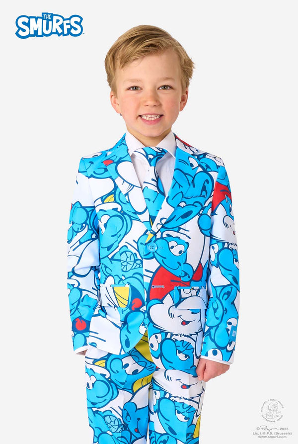 Child wearing a Smurfs-themed suit on a white background