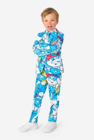 Child wearing a blue Smurf-themed suit on a white background. Full body image