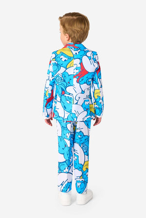 Child wearing a colorful suit with Smurf designs on a white background. View from the back