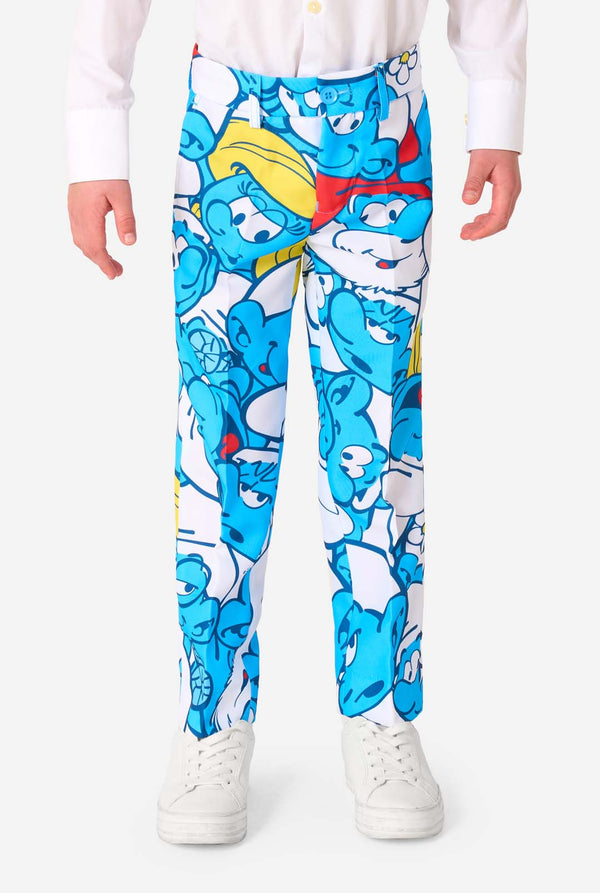 Person wearing colorful Smurf-themed pants on a white background