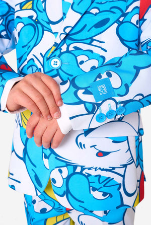Colorful children's outfit with Smurf character print on a white background