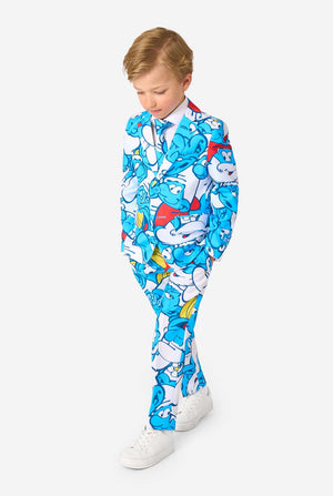 Child wearing a blue Smurf-themed suit on a white background. Full body image