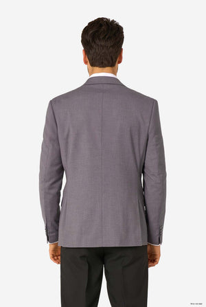 Gray suit jacket worn by a person on a white background. View from the back