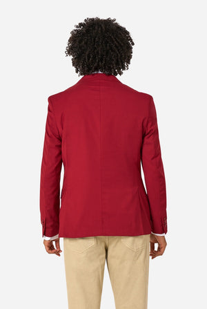 Red blazer worn by a person on a white background. View from the back
