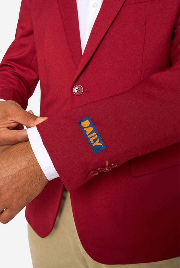 Red blazer with a 'DAILY' logo on the chest pocket against a white background