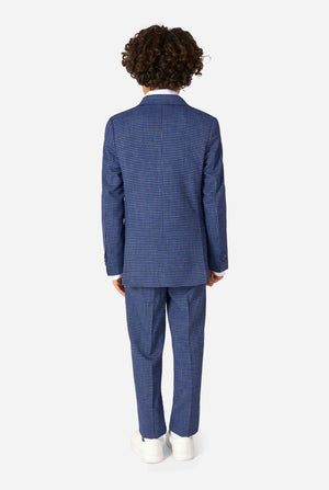 Person wearing a blue checkered suit on a white background