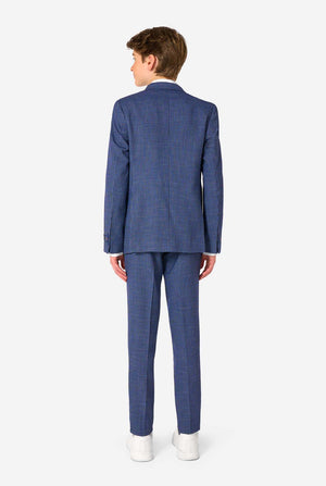 Person wearing a blue checkered suit on a white background