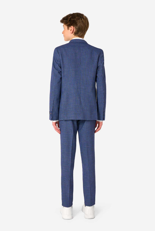Person wearing a blue checkered suit on a white background