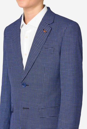 Blue checkered blazer with a white shirt underneath on a white background