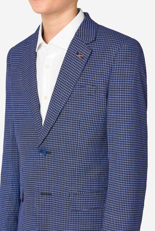 Blue checkered blazer with a white shirt underneath on a white background