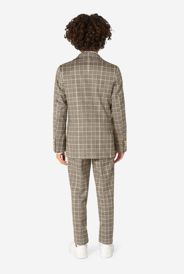 Person wearing a checkered suit on a white background