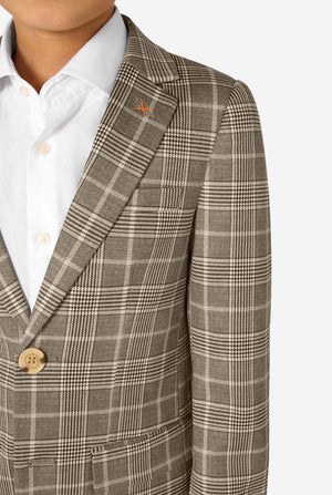 Brown checkered blazer with a white shirt underneath on a light gray background