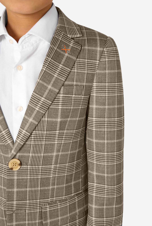 Brown checkered blazer with a white shirt underneath on a light gray background
