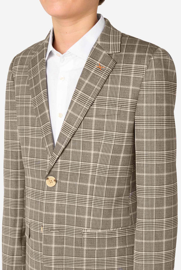 Plaid blazer worn by a person on a white background