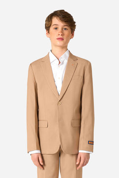 Teen boy wearing a stylish light brown/ beige suit with a white dress shirt, looking confidently in the camera. Perfect formal outfit for boys' special occasions, weddings, and parties.