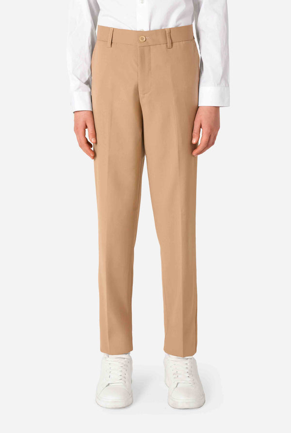 Teen boy wearing a stylish light brown/ beige suit with a white dress shirt, looking confidently in the camera. Perfect formal outfit for boys' special occasions, weddings, and parties. Pants close up.