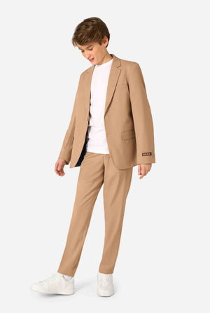 Teen boy wearing a stylish light brown/ beige suit with a white dress shirt, looking confidently. Perfect formal outfit for boys' special occasions, weddings, and parties. Full body image.