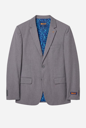 Gray blazer with 'DAILY' branding on a white background