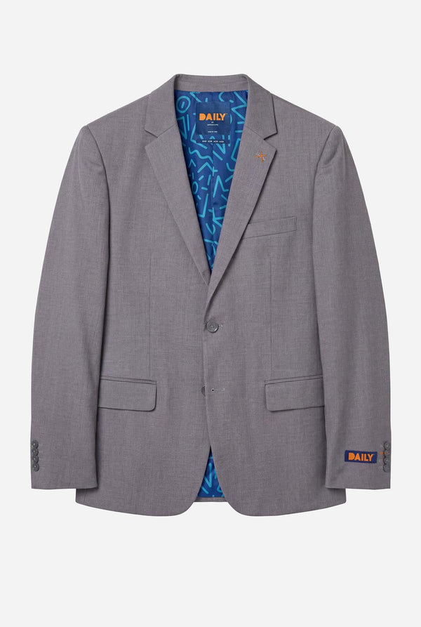 Gray blazer with 'DAILY' branding on a white background