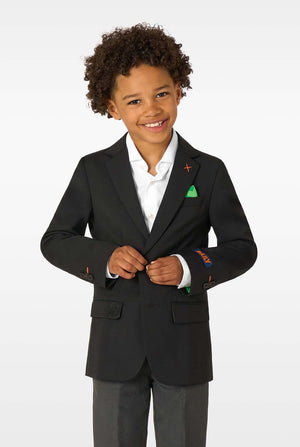 Child wearing a black blazer with colorful accents on a white background