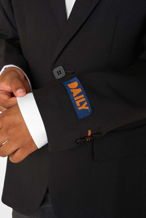 Black suit jacket with a 'DAILY' label on the chest pocket against a white background