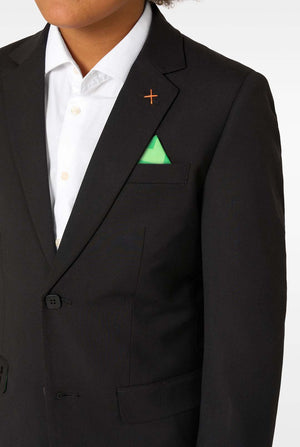 Black suit jacket with a white shirt and green handkerchief on a white background