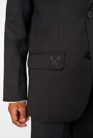 Black suit jacket with a Minecraft logo patch on a white background