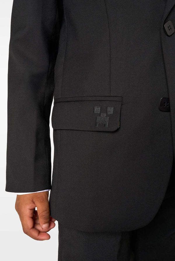Black suit jacket with a Minecraft logo patch on a white background