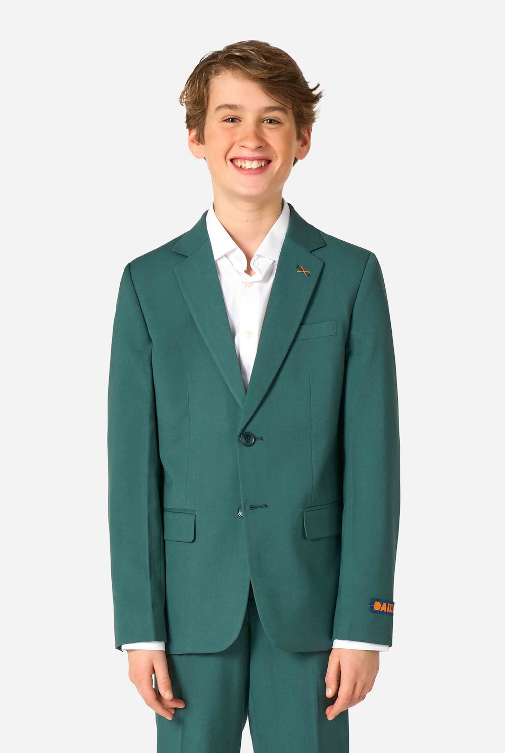 Teen boy wearing a stylish dark green suit with a white dress shirt, smiling confidently. Perfect formal outfit for boys' special occasions, weddings, and parties.