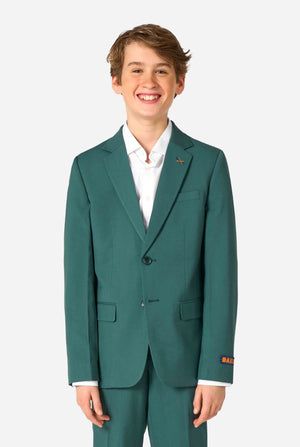 Teen boy wearing a stylish dark green suit with a white dress shirt, smiling confidently. Perfect formal outfit for boys' special occasions, weddings, and parties.