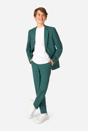 Teen boy wearing a stylish dark green suit with a white dress shirt, smiling confidently. Perfect formal outfit for boys' special occasions, weddings, and parties. Full body image.
